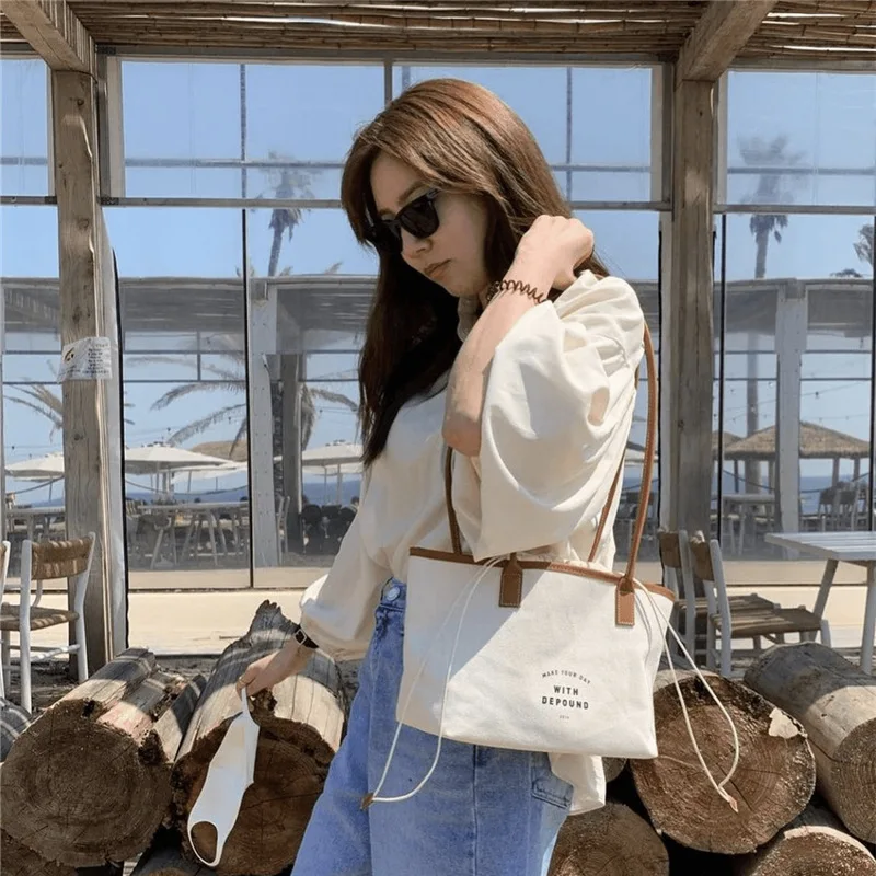 Casual Canvas Drawstring Shoulder Tote Bag for Women