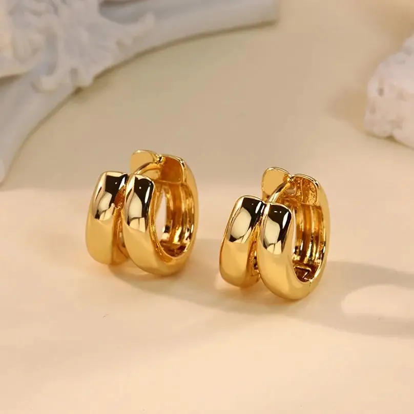 Classic Double Hoop Earrings for Women Chunky Stainless Steel Gold Color