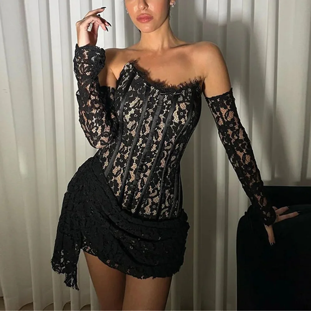 

Black Lace Evening Party Dresses With Detachable Long Sleeves Sheath Cocktail Dress Mini V Neck Pleats Draped Sexy Cocktail Gown