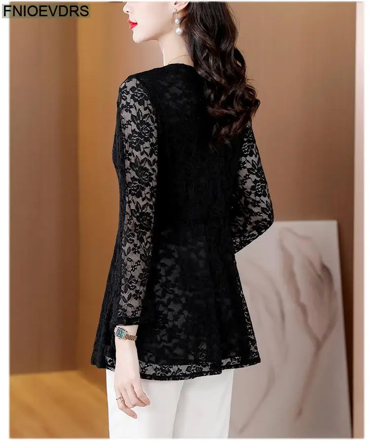 M-5XL 2023 Women Winter Spring Basic Black Lace Shirts Elegant Office Lady Loose Casual Ruffles Tunic Peplum Tops And Blouses