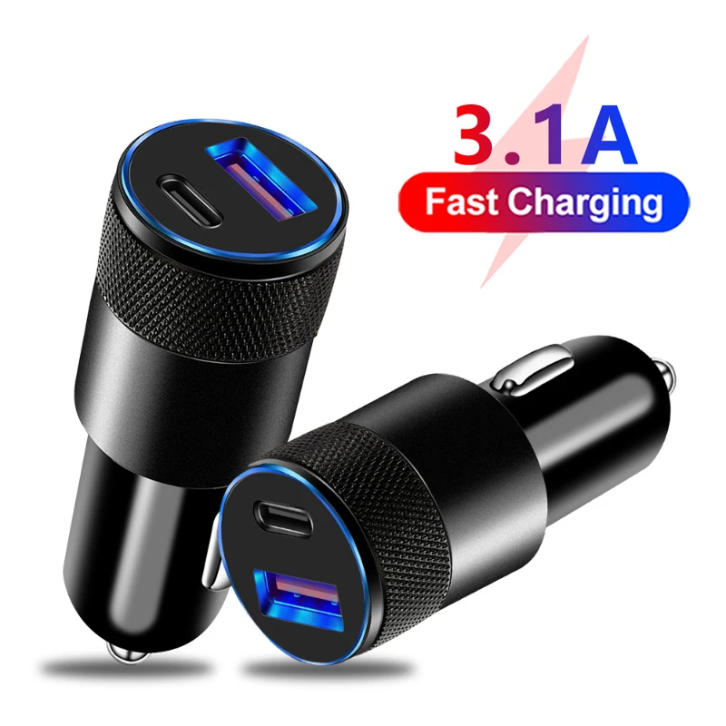 USB Car Charger Type C Dual Ports Fast Charging Phone Adapter For PD ...