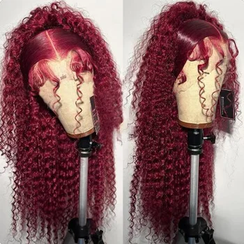Soft Burgundy Long 26Inch 180Density Kinky curly Preplucked Glueless Synthetic 13x4 Lace Front Wig Baby Hair Daily use