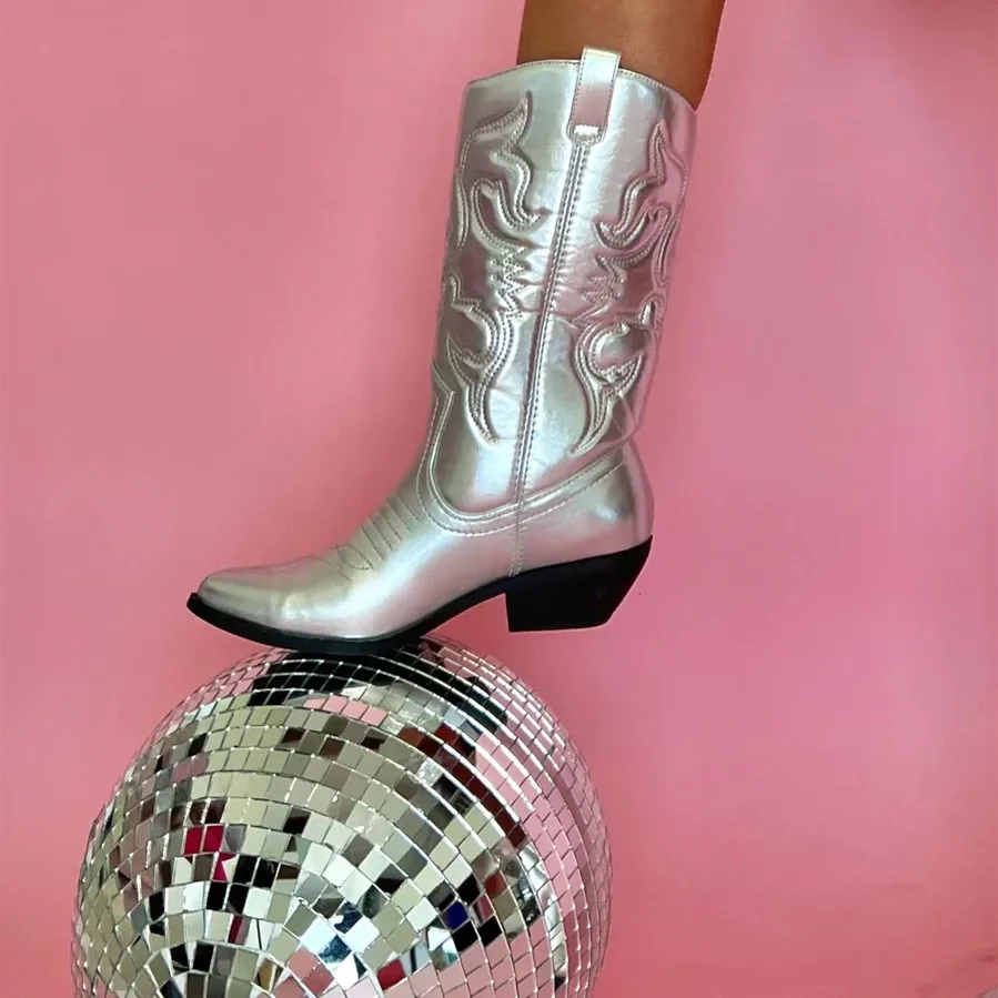 

Women's Western Boots Cowboy Cowgirls Pointed Toe Knee High Pull On Shoes Chunky Heel Fashion Silver Bling Embroidered Boots