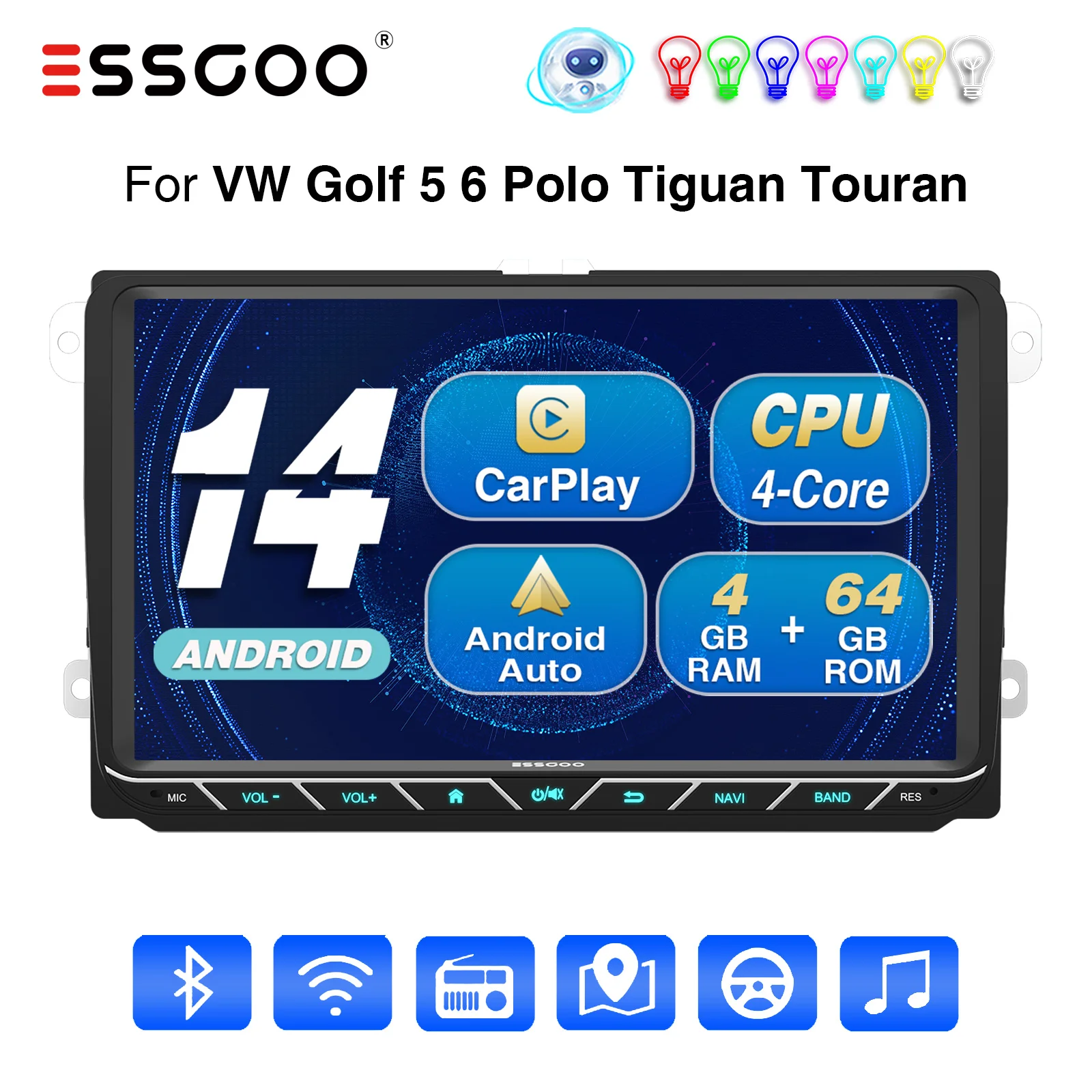 Android 14 Carplay Autoradio für VW Golf 5 6 Polo Passat Touran Tiguan Sharan Caddy mit GPS SAT NAV FM RDS BT USB und AI-Sprache