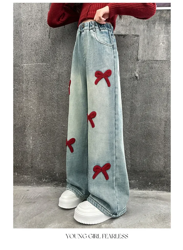 الفتيات فضفاضة واسعة الساق الجينز السراويل الناعمة الأطفال Bowknot التطريز مستقيم الدنيم السراويل ربيع الخريف الملابس 5-12 سنة