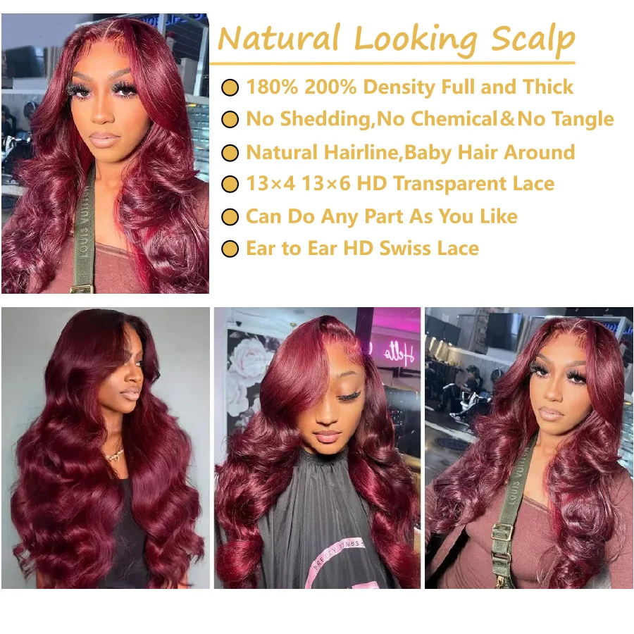 99J Burgundy Lace Frontal Wig 13x6 Body Wave Lace Front Wig HD Transparent Lace Frontal Wig Human Hair Pre Plucked 99j Red Color 5