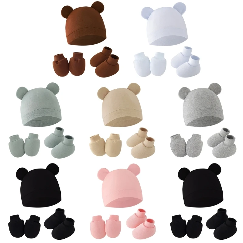 

57EE 3pcs/set Cotton Newborn Cap with Anti Scratch Mittens and Foot Cover Infant Warm Headwear Baby Gloves with Socks