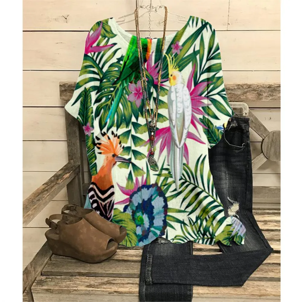 

2023 Summer Blouse Long Sleeve Plant Print Urban Casual Pullover Green Loose Round Neck Short Sleeve Shirts Y2k Shirt Streetwear