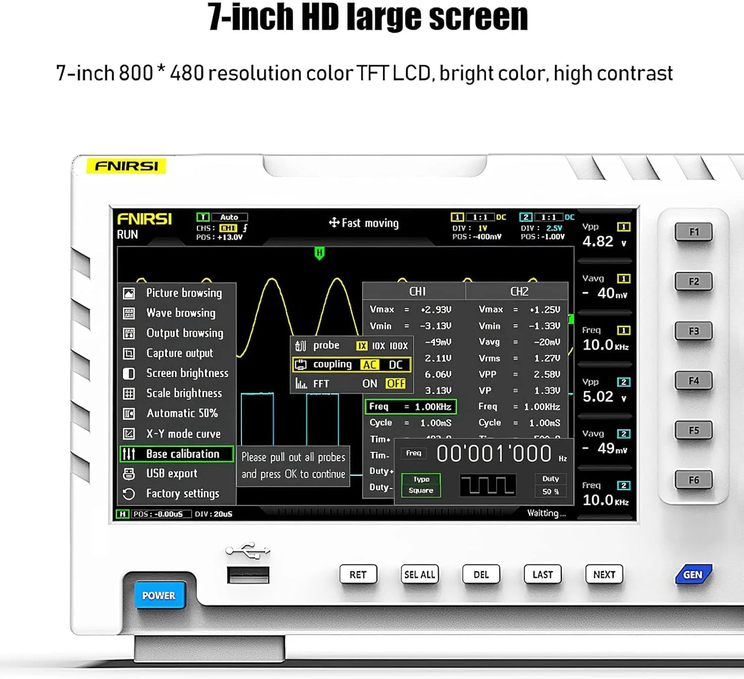 FNIRSI 휴대용 디지털 오실로스코프 디지털 멀티미터 100MHz*2 2 in 1 듀얼 채널 입력 신호 발생기 1014D