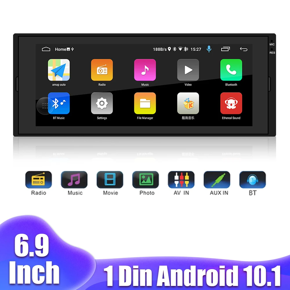 

FM Receiver 1 Din Hands-free 6.9 Inch Audio Video IPS Screen GPS Bluetooth WiFi Android 10.1 Car Radio MP5 Player