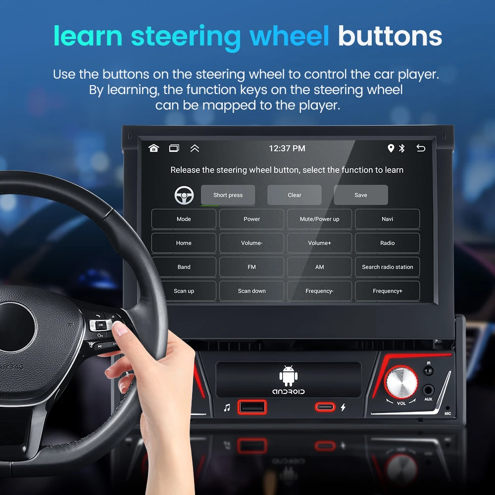 Radio para Auto GEARELEC 1 DIN, Android Carplay Universal, Pantalla Retráctil IPS de 7 Pulgadas, Navegación GPS, Reproductor Multimedia Android 14, Pantalla Carplay 5