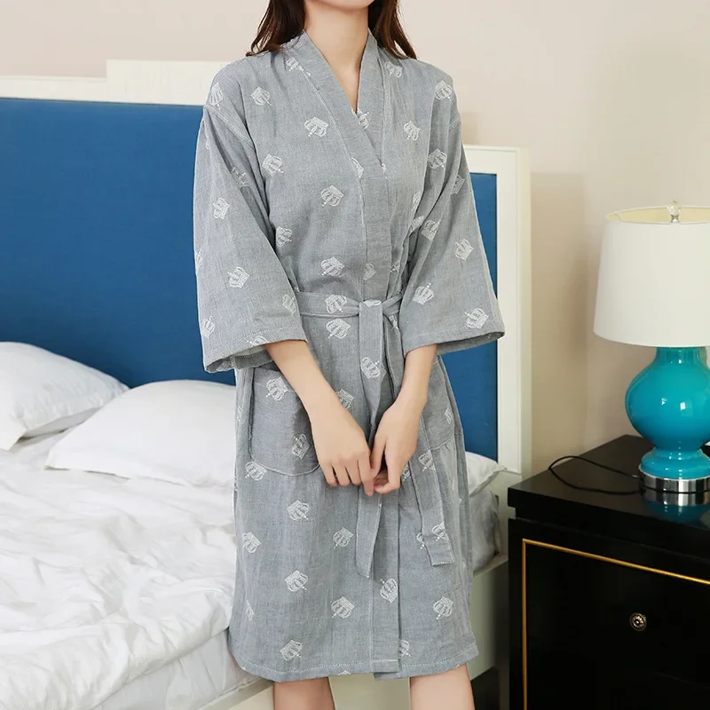 Spring and Summer Thin Half Sleeve Women's Sleepwear Cotton Bathrobe Yukata Clothes Water Absorbing and Breathable Home Robes