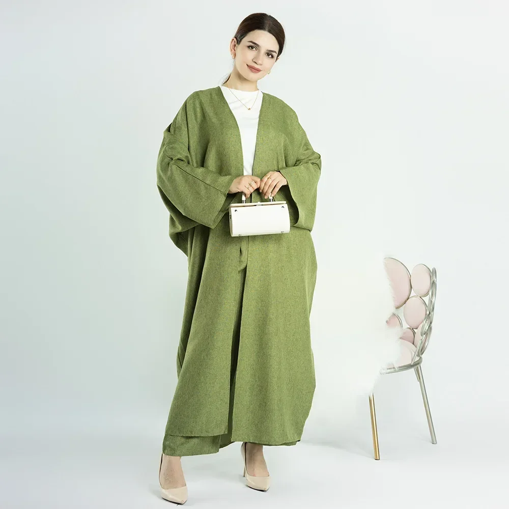 Cotton Linen Kimono Abaya with Pants 2 Piece Matching Muslim Set Abayas for Women Dubai Turkey Kaftan Robe Modest Islamic Outfit