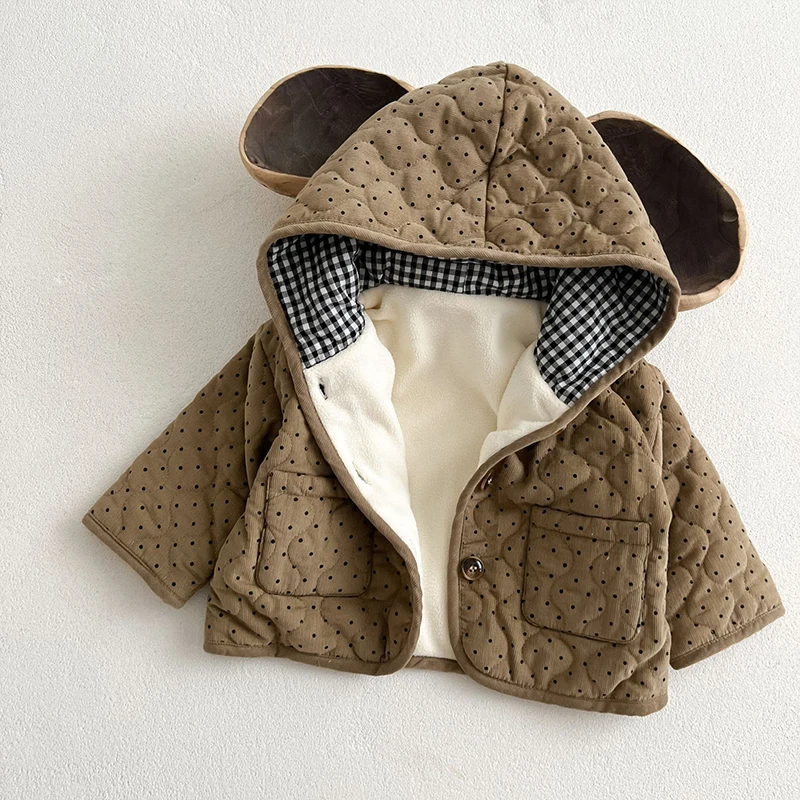 6M-3Y Children's Dot Jacket Baby Boys Girls Autumn Winter Corduroy Hooded Coat Infant Cotton-padded Clothes Baby Clothes