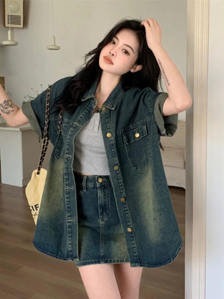 

Женские джинсовые костюмы из двух предметов, летние свободные куртки с коротким рукавом, шикарные облегающие джинсовые мини-комплекты с юбкой, 2024