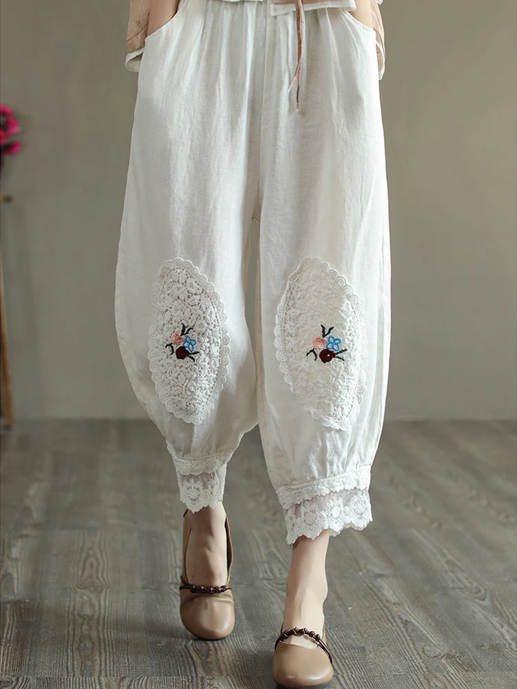 Cotton Casual White Mandala Flower Design Women's Elastic Waist Harem Pants