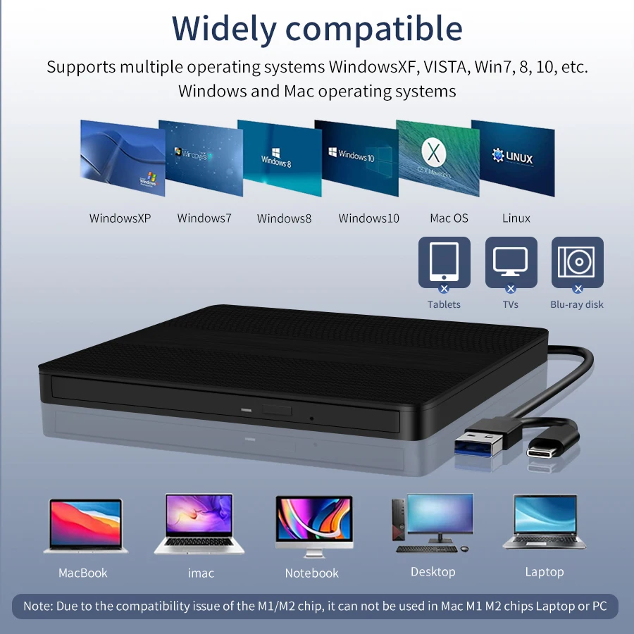 Portable DVD Burner 2 in 1 USB 3.0 Type C External DVD RW CD Writer Slim Drive For Laptop PC
