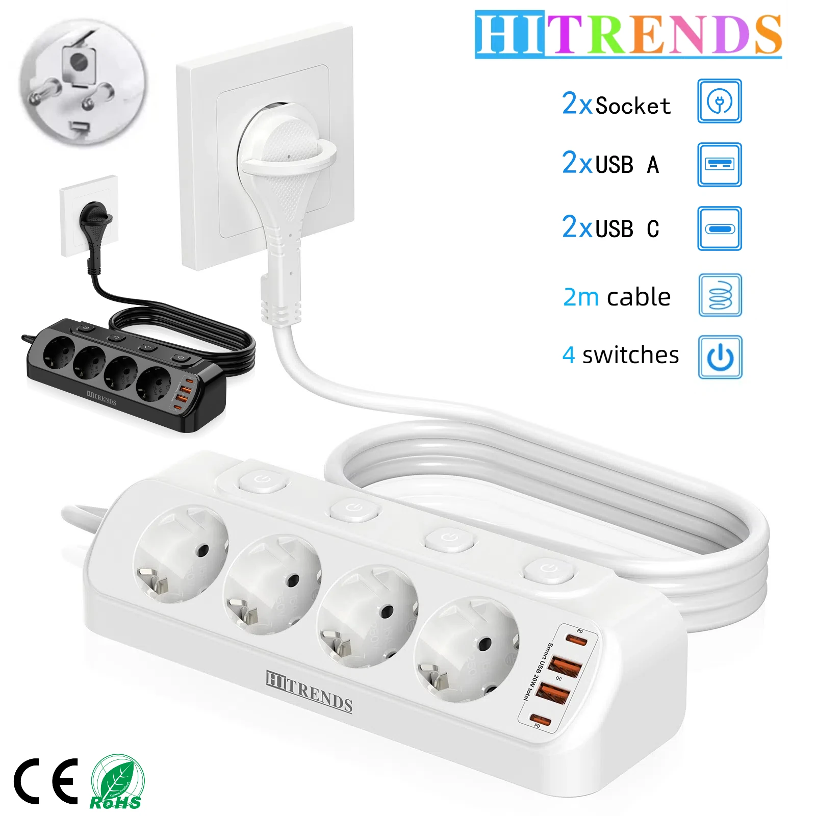 Eu Plug Multi-Function Power Board 2 USB-A and 2 USB-C Fast Charging Power Adapters 2 m Extension Cord Independent Switch White - 1
