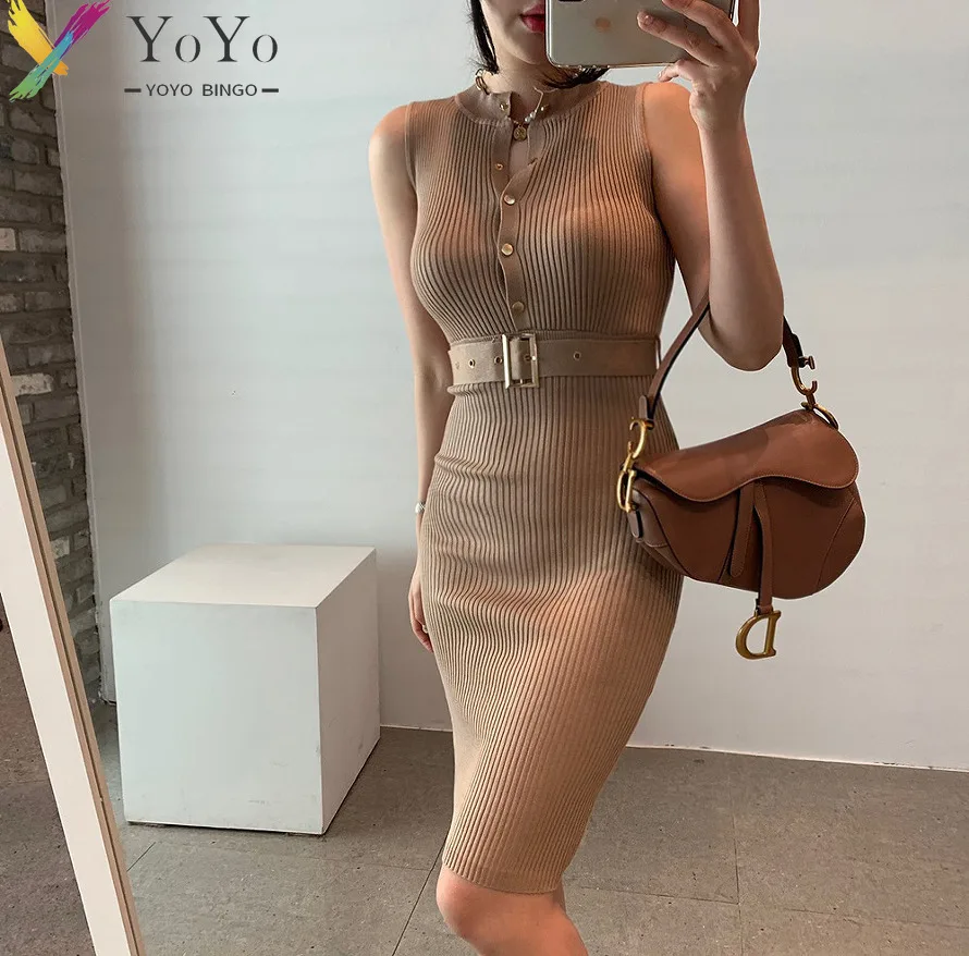 

Chic INS Sleeveless Bodycon Knitted Dress with Belt Slim Short Party Club Dress
