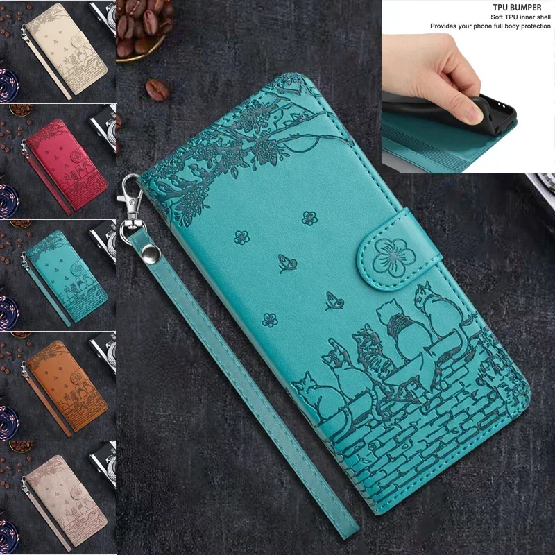 Cat Embossed Flip Leather Wallet Case Cover