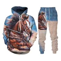 Automne Vintage Animal cheval 3D sweat à capuche imprimé costume hommes sweats pantalons de survêtement mode deux pièces survêtement ensemble homme vêtements 6