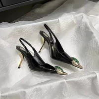 Sandales à talons hauts en cuir verni pour femmes, élégantes, rétro, bout pointu, bouche peu profonde, pierres précieuses, nouvelle collection 4