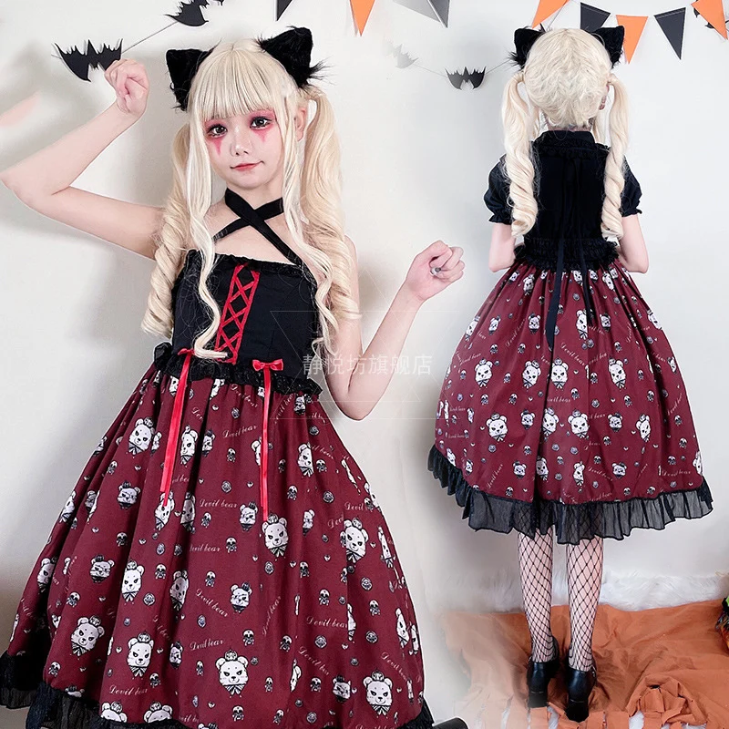 

Lolita for Women Demon Crown Bear Lolita Red and Black Suspended Dress Disfraz Vestisos Western Style Clothes Halloween Costume