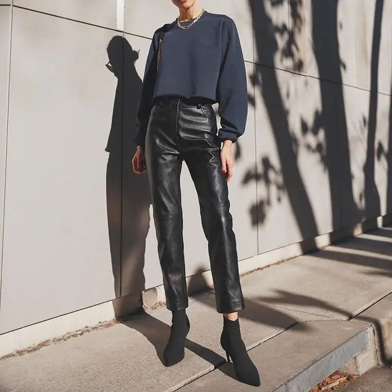 Open Crotch Outdoor Sex Genuine Leather Pants Women High Waist Pockets Straight Leg Jeans Leather Velvet Night Club Pu Leggings