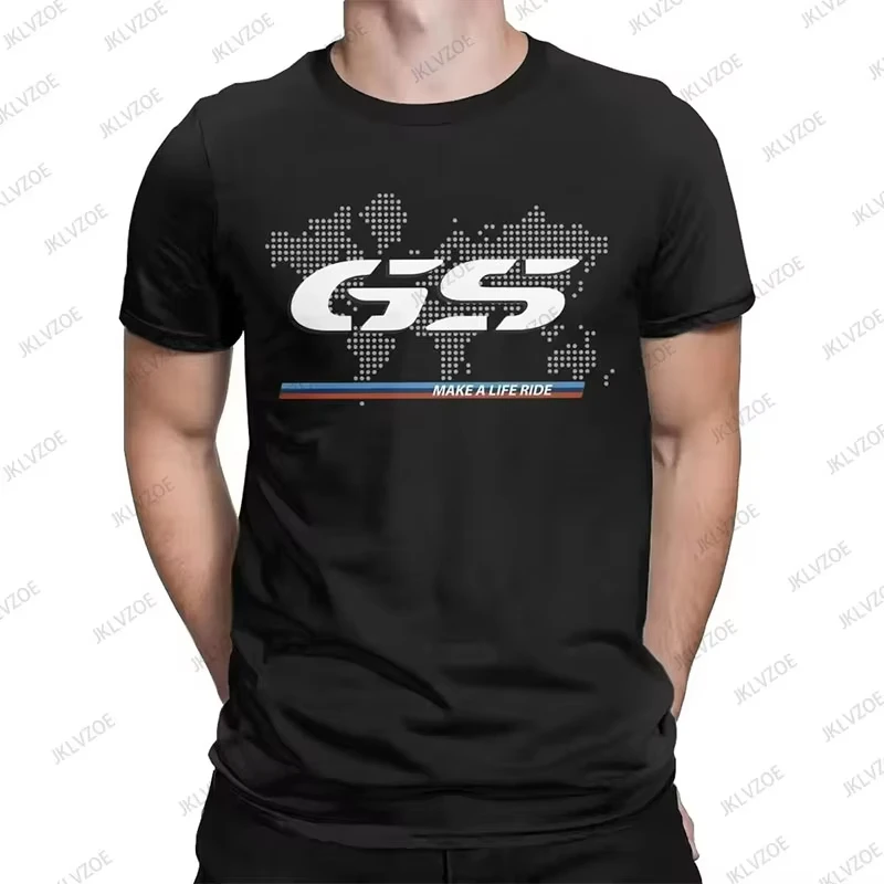 Man wearing BMW R1250GS cotton T-shirt with bold graphic in a hip hop streetwear setting black