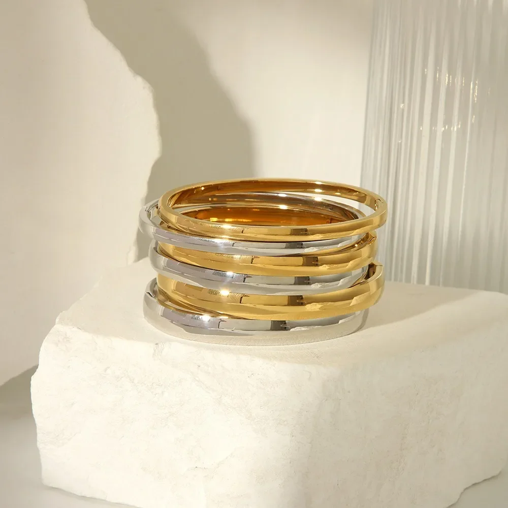 Stainless Steel Polished Smooth Cuff Bangle 18K Gold Plated Waterproof Simple Circle Round Bracelet Punk Hip-hop Jewelry Gifts