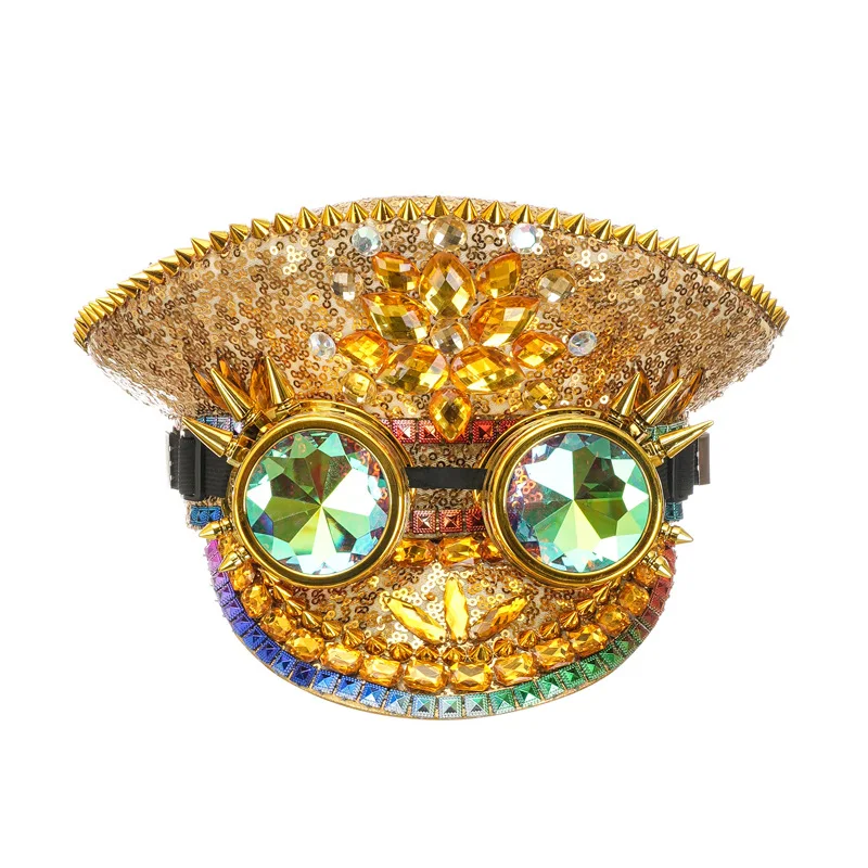 

Золотые блестки и заклепки для мужчин, косплей, новинка, роскошная женская армейская шляпа, Женский клуб, стразы фестиваль, стимпанк