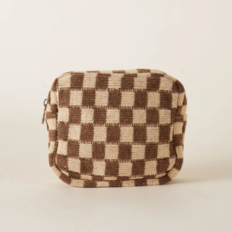 Colorful Knitted Checkerboard Storage Bag Portable Mini Cosmetic Bag Makeup Pouch Women Sanitary Napkin Tampon Bag Coin Bag 4