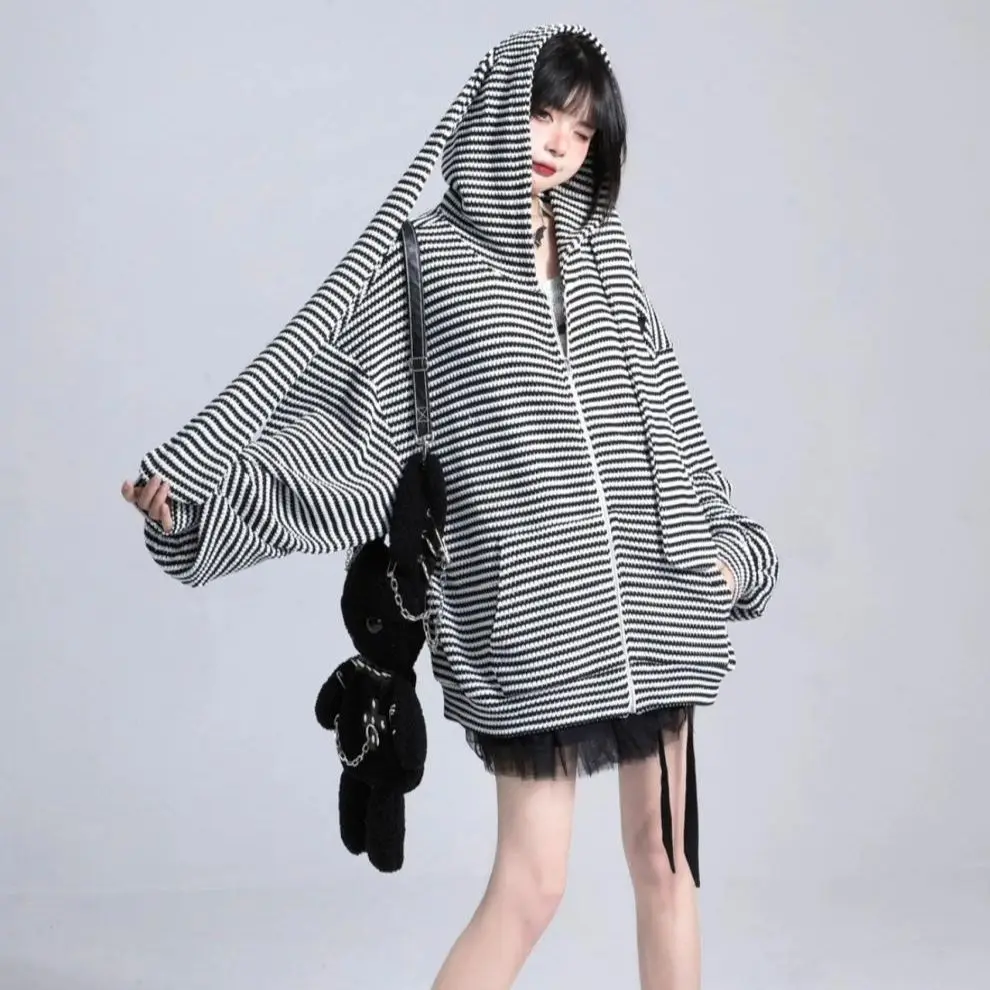 

Hsa 2023 новый милый Свободный Полосатый вязаный кардиган с капюшоном и заячьими ушками Y2k, милый розовый трикотажная толстовка, тонкое пальто, дизайнерские топы больших размеров