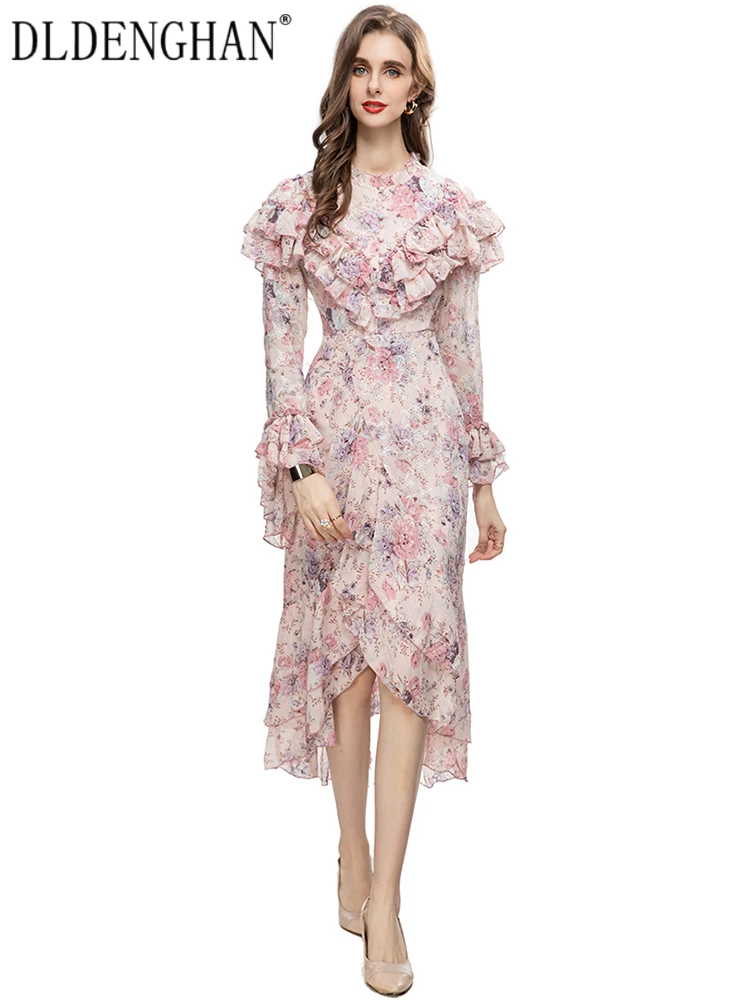 

DLDENGHAN Fashion Early Autumn Dress Women O-Neck Flare Sleeve Hollow Out Embroidery Flowers Print Vintage Long Dresses