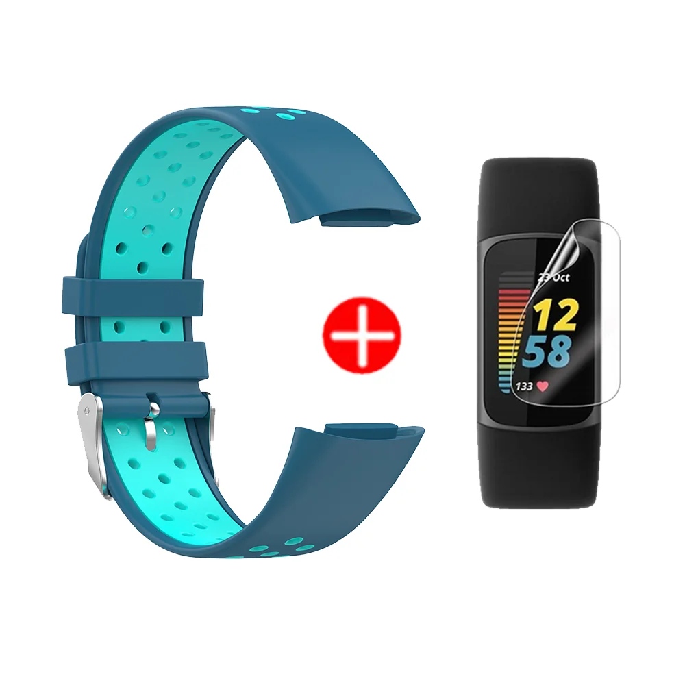 Silicone Watch Strap For Fitbit Charge 5 correa Smartwatch Colorful Wristband Bracelet Band+Screen Protector soft film Cover 