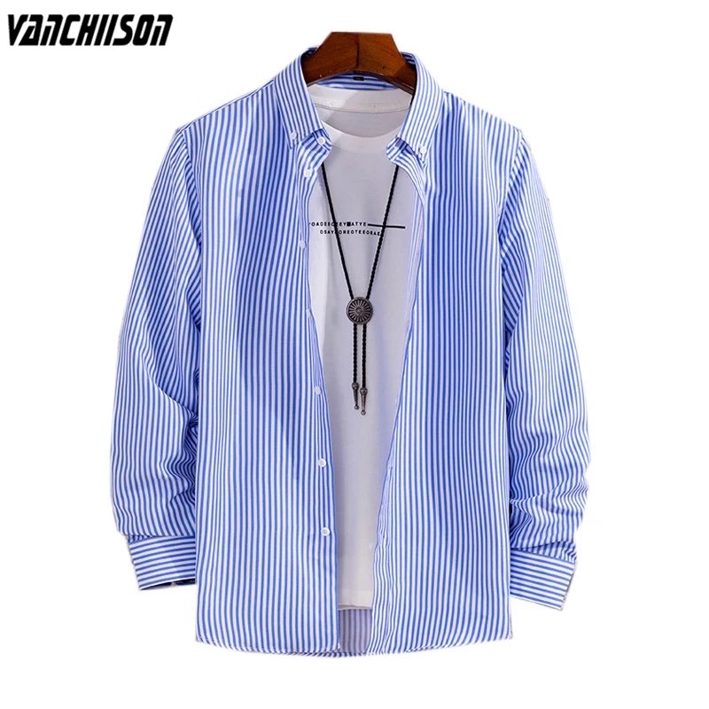 

Men Stripes Shirt for Summer Spring Long Sleeve 100% Polyester Sky Blue Turndown Collar Male Fashion Casual Clothing 00584