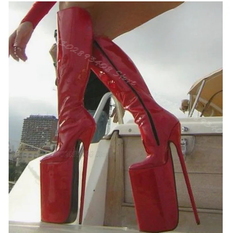

Red High platform Stiletto Knee Boots Round Toe Patent Leather Side Zipper British Style Party Women Boots Zapatos Para Mujere