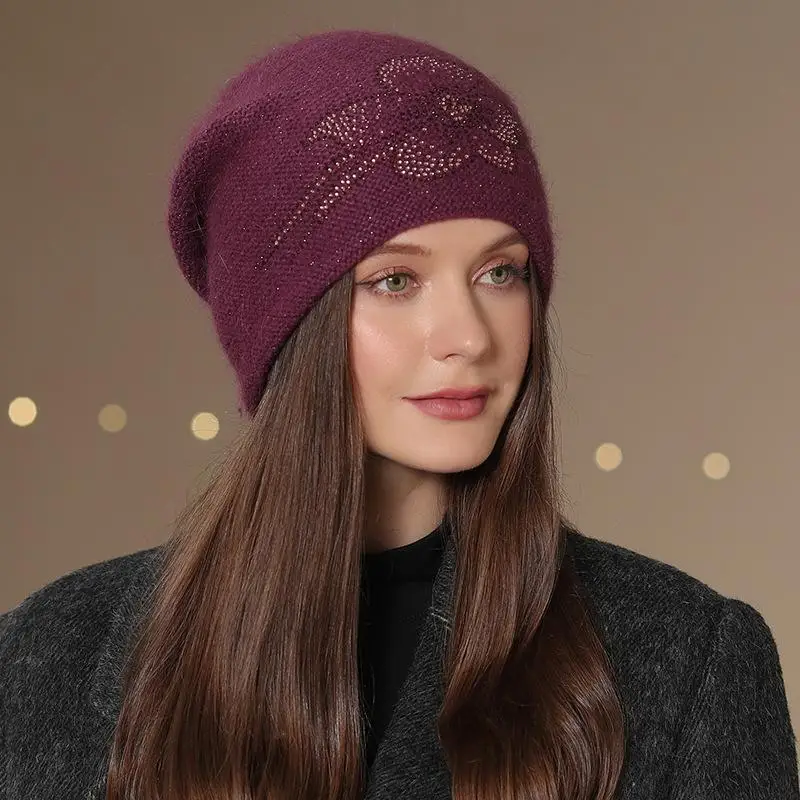 New Women Winter Hat Fashion Decorate Beanie Hat Rabbit Fur Blend Warm Winter Cap For Female Casual Streetwear Knitted Hat 4