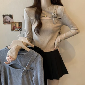 French Style Women Hollow Out Knitshirts Chic Design O-neck Long Sleeve Pullover Bottoming Shirt Winter Slim Sweater