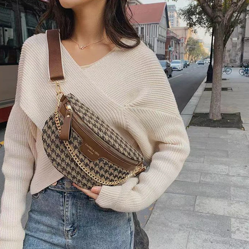 Chain Women's Waist Bags Houndstooth Chest Fashionable Ladies Wide Strap Shoulder Crossbody Bag Female Belt Buttock Pack |