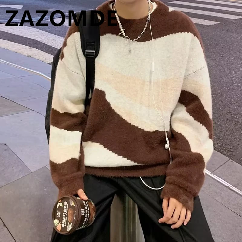 

ZAZOMDE Japan Style Round Neck Color-Blocking Striped Men's Clothes Loose Casual Teen Couples Simple Clothing High Street Tops