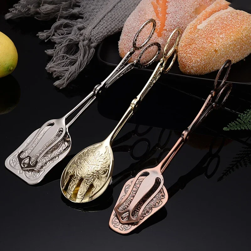Royal Retro Food Tong Gold-plated Snack Cake Clip Bronze Bread Pastry Clamp Baking BBQ Tool Fruit Salad Clip Kitchen Utensils food tongs
