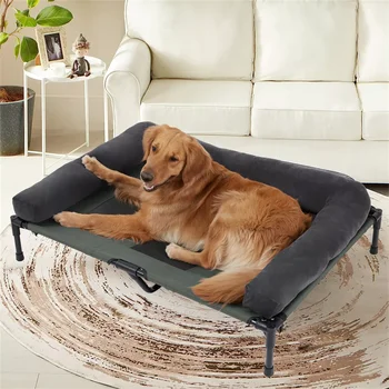 BINGOPAW Outdoor Elevated Dog Bed Cooling Raised Pet Lounger Bed Mesh Cot Sleep Camping Bed with Detachable Plush Bolster 2