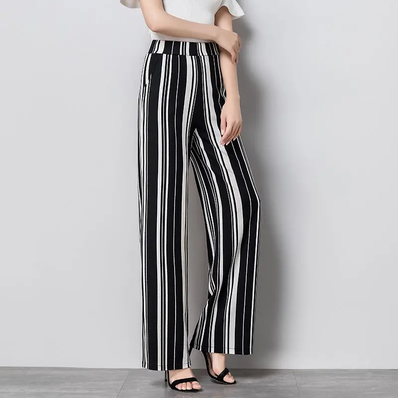 

2023 New Womens Clothing Wide Leg Elastic High Waist Loose Club Party Office Lady Commuter Fashion Casual Striped Trousers