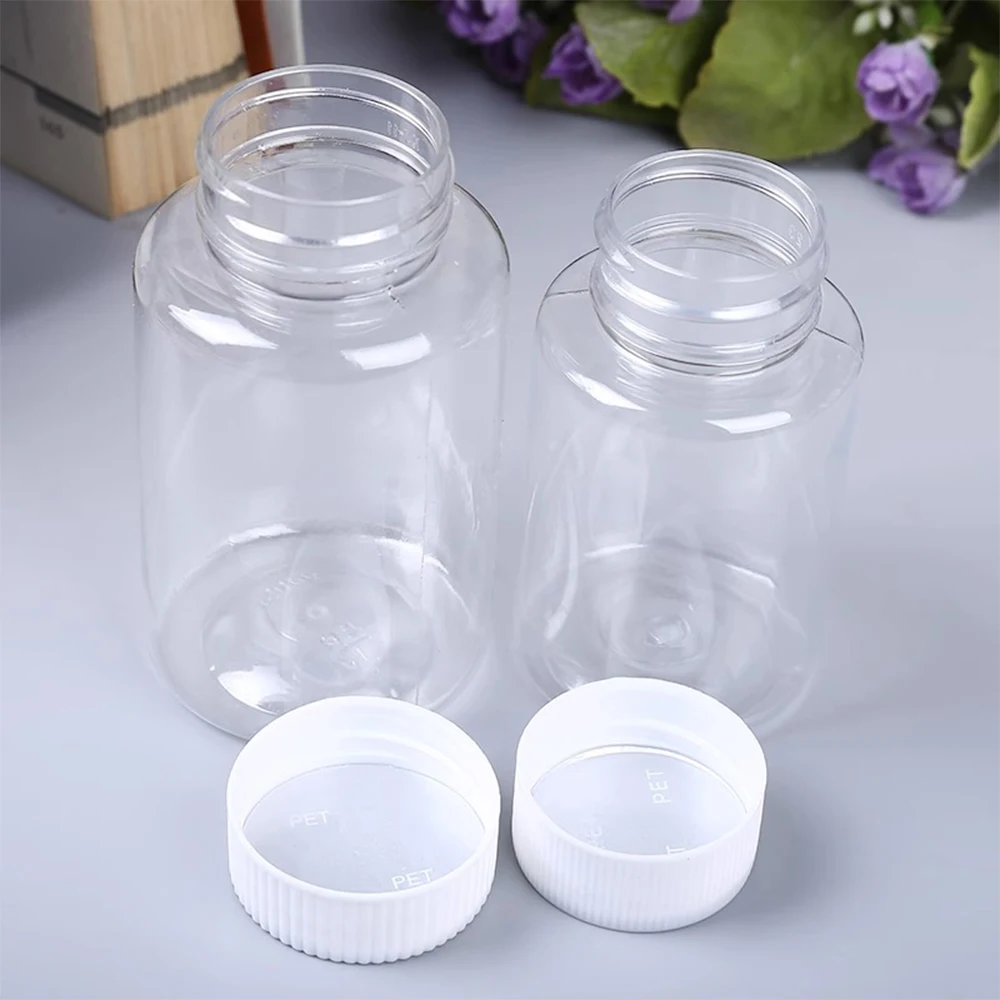 Refillable bottle 30ml 50ml 100ml 200ml 250ml plastic PET clear empty seal bottle solid powder medicine pill vial container