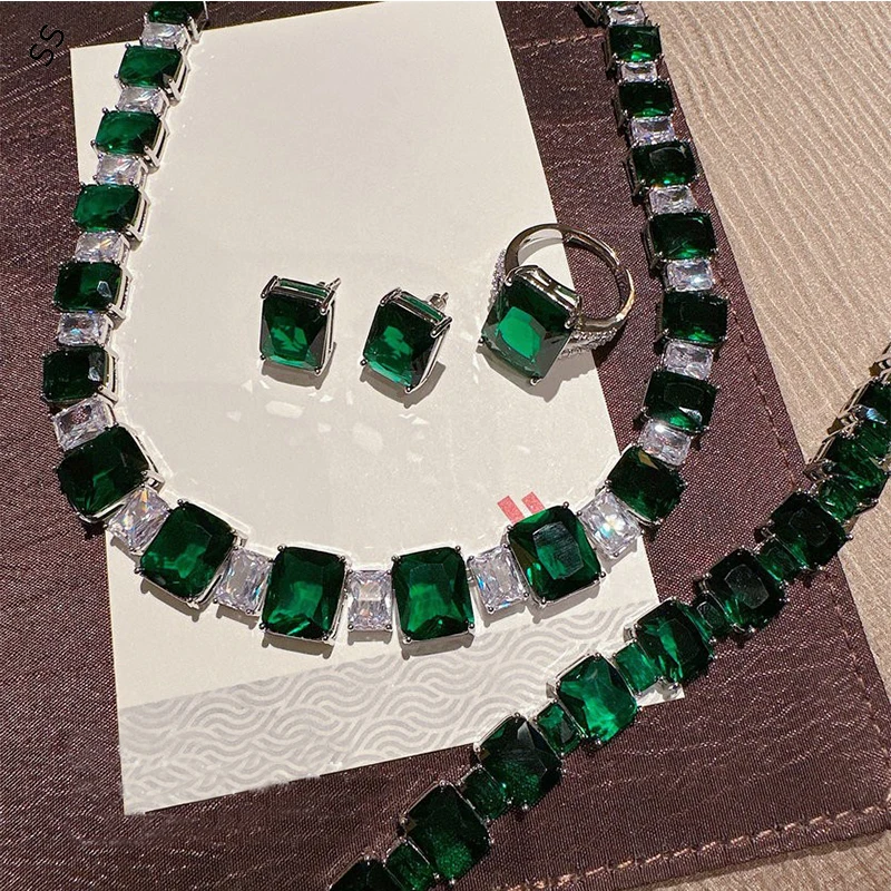

Emerald One Row Gem Necklace Antique Malachite Green Rectangular Zircon Jewel 4 Piece Sets Earring Ring Bracelet