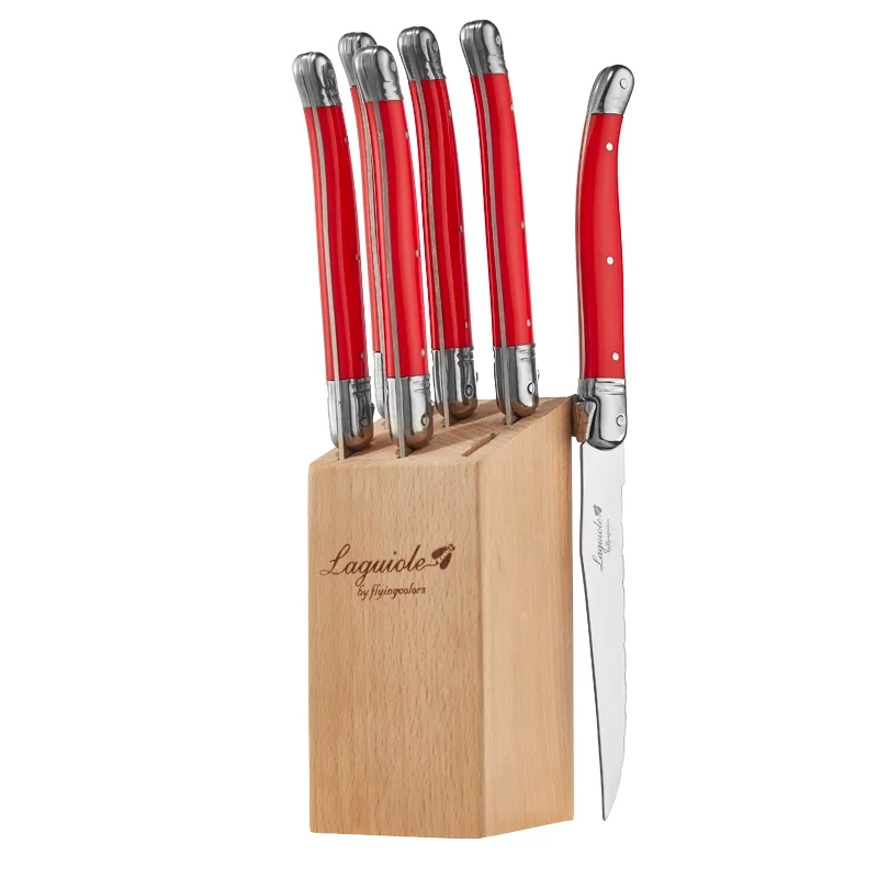 Description Picture 3 of item6pcs/7pcs Stainless Steel Steak Knife Set Laguiole Steak Knives With Wooden Holder Steel Dinner Knife Colorful Xmas Cutlery Set