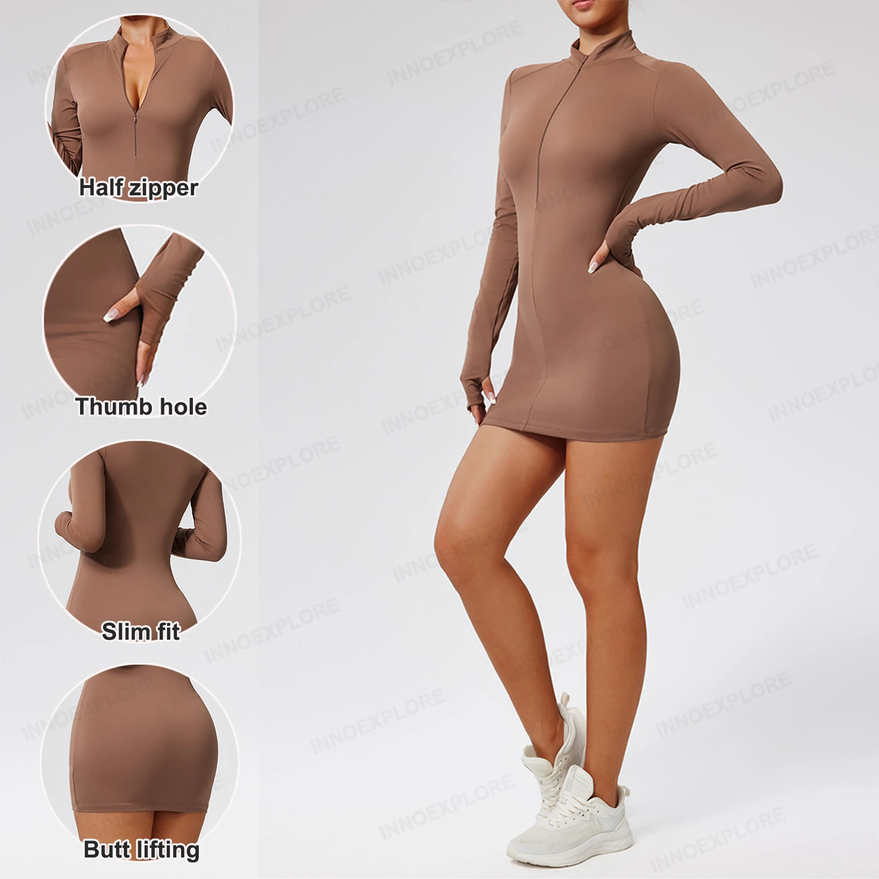 Women Dress Fashionable Women Loungewear Ribbed Half Zipper Leisure Fitness Dress Tennis Golf Badminton Clothing