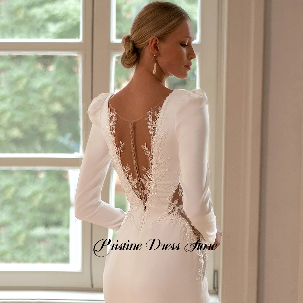 Simple Jersey Long Sleeves Wedding Dress Customized Elegant Sheath Deep V-Neck Appliques Bridal Gown with Court Train for Bride