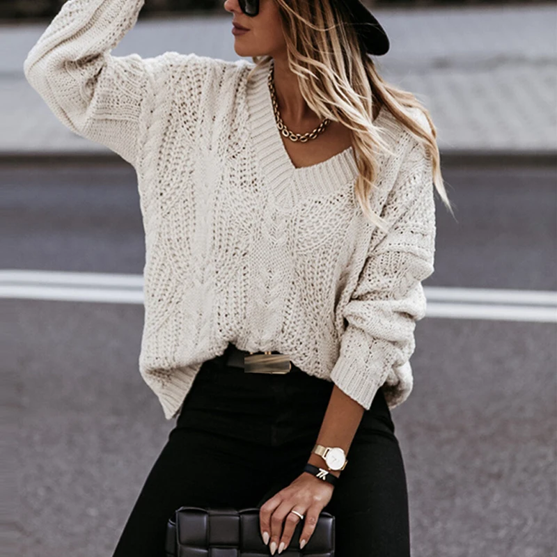 

Commuter Lady Elegant Twist Knitted Sweater Autumn Solid Loose Women Tops Pullover Winter Long Sleeve Streetwear Jumper Harajuku